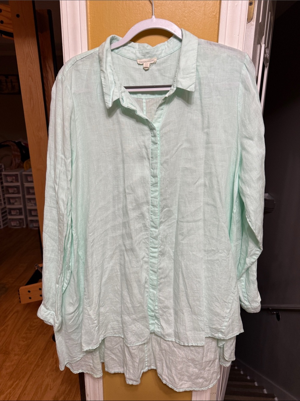 Eileen Fisher Organic Linen Mint Green Button Front Tunic Layered Hem XL